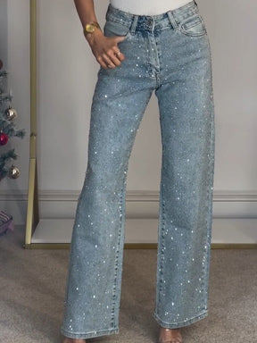 Calça Jeans Diamanté de Cintura Alta e Perna Reta