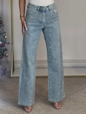 Calça Jeans Diamanté de Cintura Alta e Perna Reta