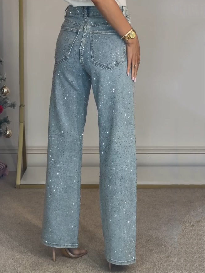 Calça Jeans Diamanté de Cintura Alta e Perna Reta
